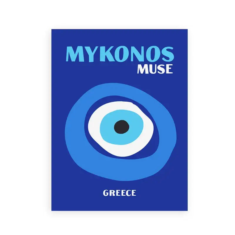 Blue rectangular travel poster art print featuring a stylized evil eye and mykonos muse in preppy color design