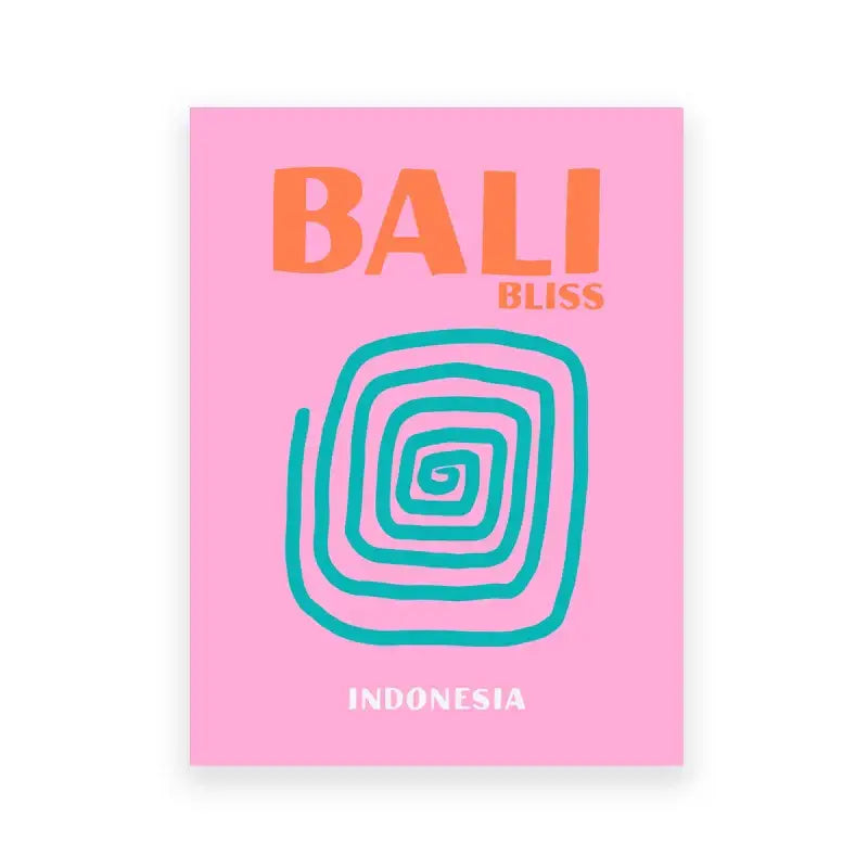 Pink rectangular art print from DecorBites travel posters art set featuring orange bali bliss text and teal spiral design