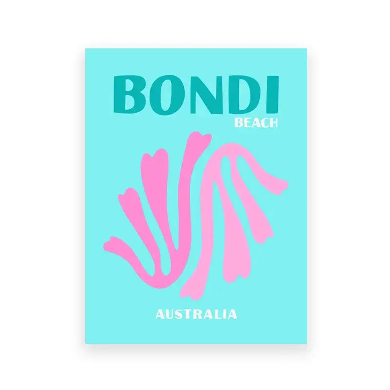 DecorBites™ colorful travel posters art print set featuring a turquoise bondi beach design with a pink seashell graphic