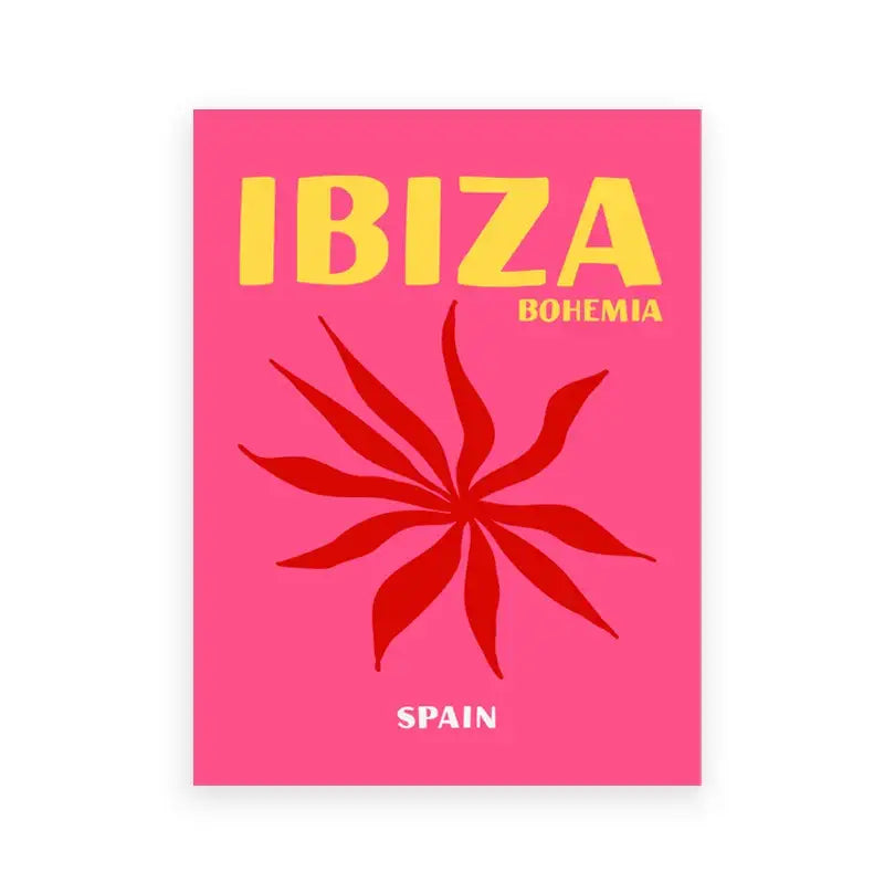 Vibrant pink colorful travel poster art print featuring bold yellow ibiza text and red starburst design by DecorBites™