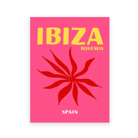 DecorBites™ colorful travel posters featuring a vibrant pink Ibiza design with bold yellow text and red starburst