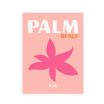 Decorbites colorful travel posters featuring a pink palm beach art print with bold text and a vibrant magenta starfish graphic