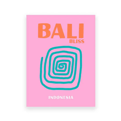 Decorbites™ colorful travel posters featuring pink bali bliss art print with orange text and teal spiral design from indonesia