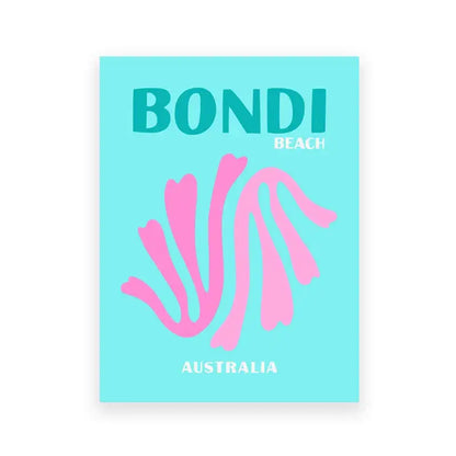 A vibrant turquoise decorbites travel poster featuring bold teal bondi beach text and a pink seashell art print