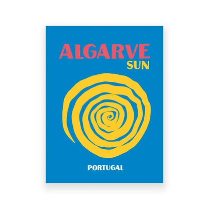 Vibrant blue decorbites travel poster with bold yellow spiral sun design and colorful text of Algarve sun Portugal