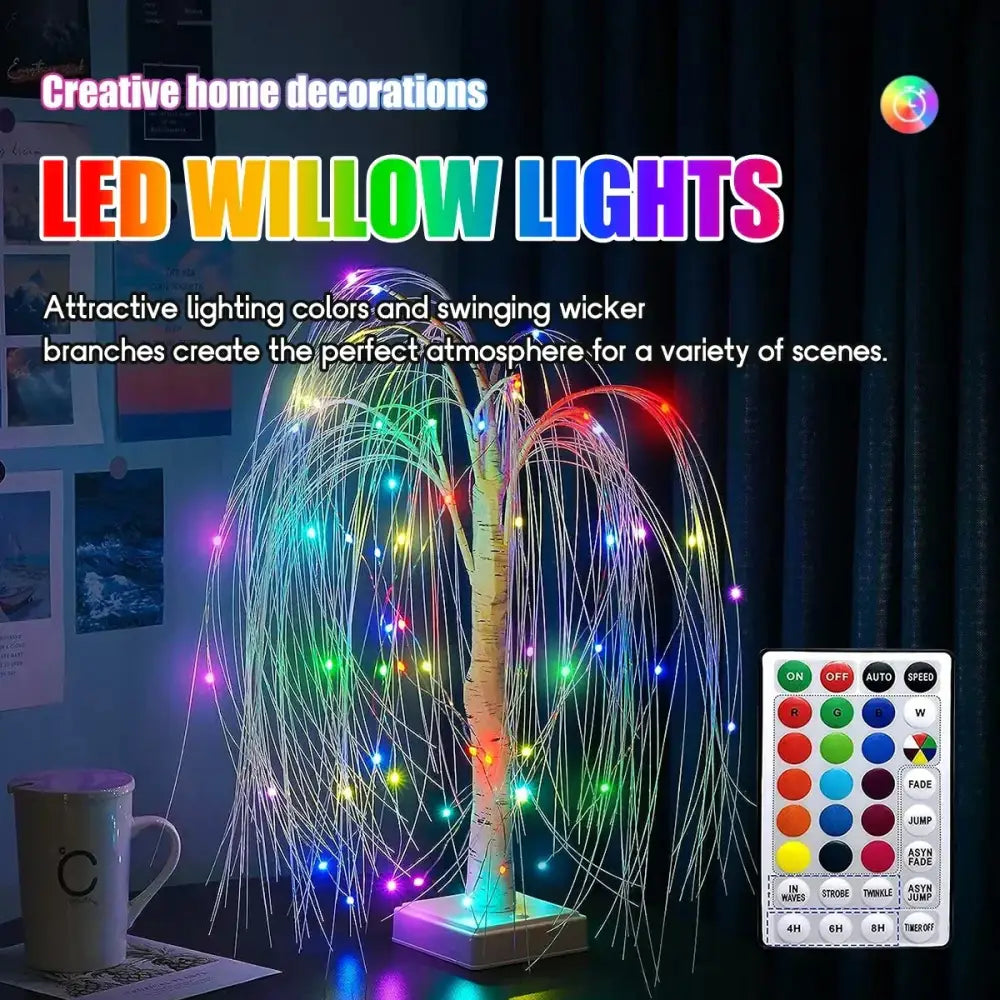 Decorbites colorful willow tree light with faux birch trunk and glowing rainbow wicker branches for living room decor