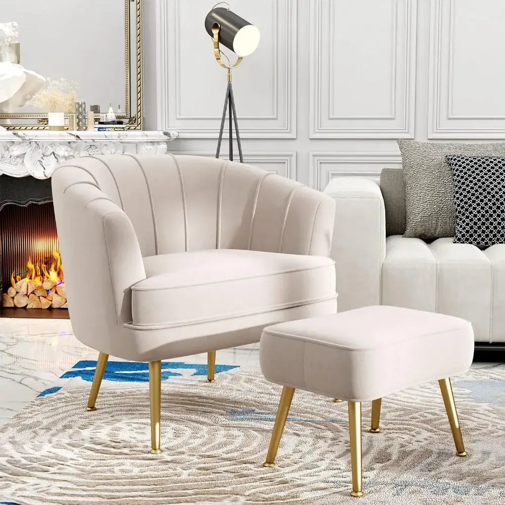 Cream-colored velvet decorbites comfortable beige bucket armchair and ottoman with gold-tone legs for living room use