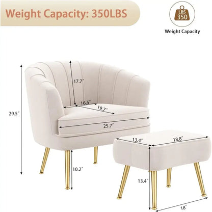 Cream-colored velvet decorbites comfortable beige bucket armchair with gold-tone metal legs and matching ottoman for living room