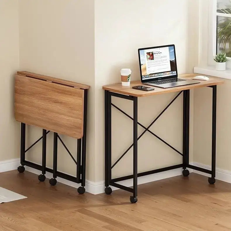 Wooden foldable desk with black metal frame and caster wheels from decorbites compact foldable wood and black metal desk bedroom table