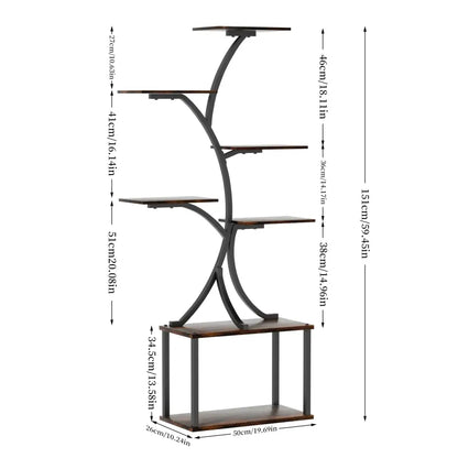 DecorBites™ compact tree plant stand with multiple dark brown wooden shelves and black metal curved frame design