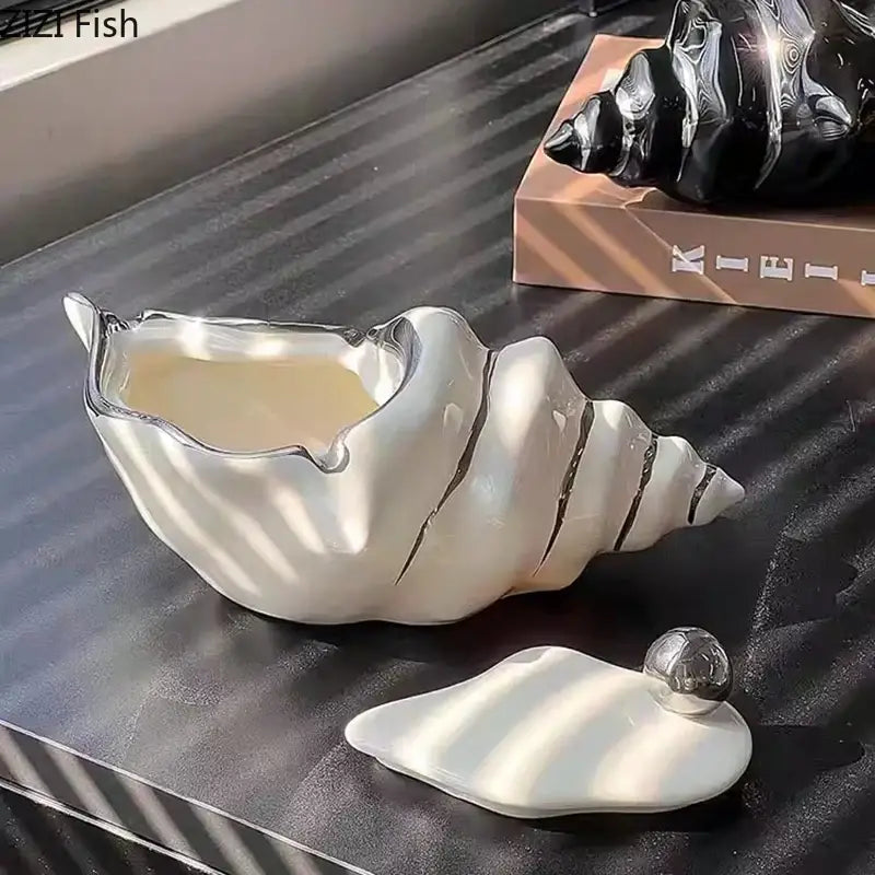 Glossy white ceramic decorbites conch ashtray with silver metallic accents and matching lid for living room decor