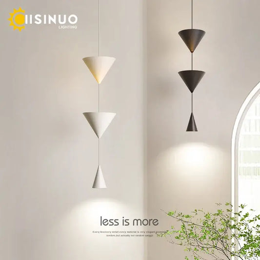 Modern minimalist decorbites cone pendant light with stacked matte white and dark bronze conical shades for kitchen use
