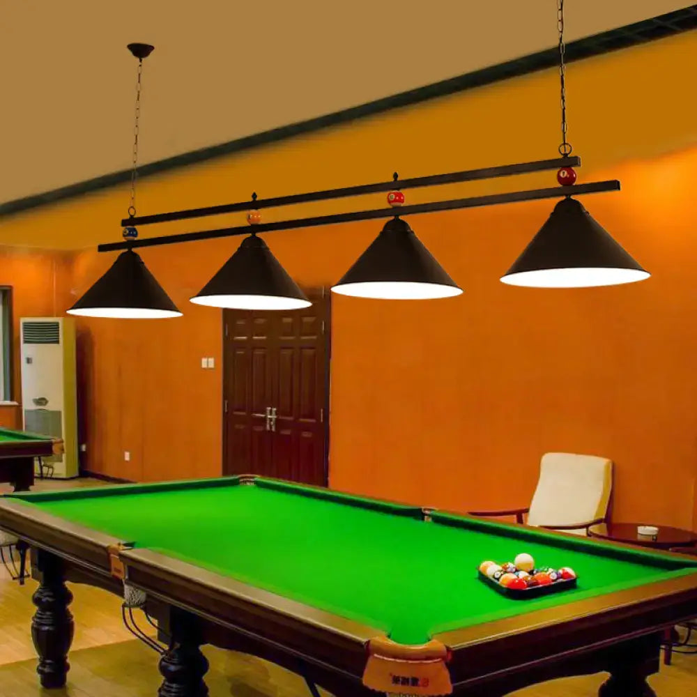 DecorBites™ black conical metal pendant ceiling light hanging above a pool table in industrial style setting