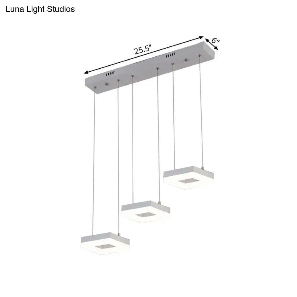 Modern silver acrylic square island light kitchen pendant fixture with three hanging square led lamps in white natural finish