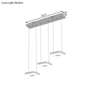 Modern silver acrylic square island light kitchen pendant fixture with three hanging square led lamps in white natural finish