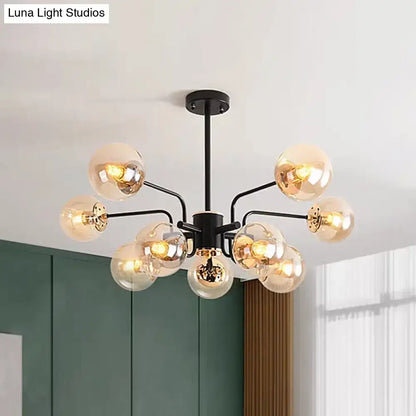 DecorBites™ black metal chandelier with amber glass shade and 10 spherical bulbs ideal for living room sphere lighting