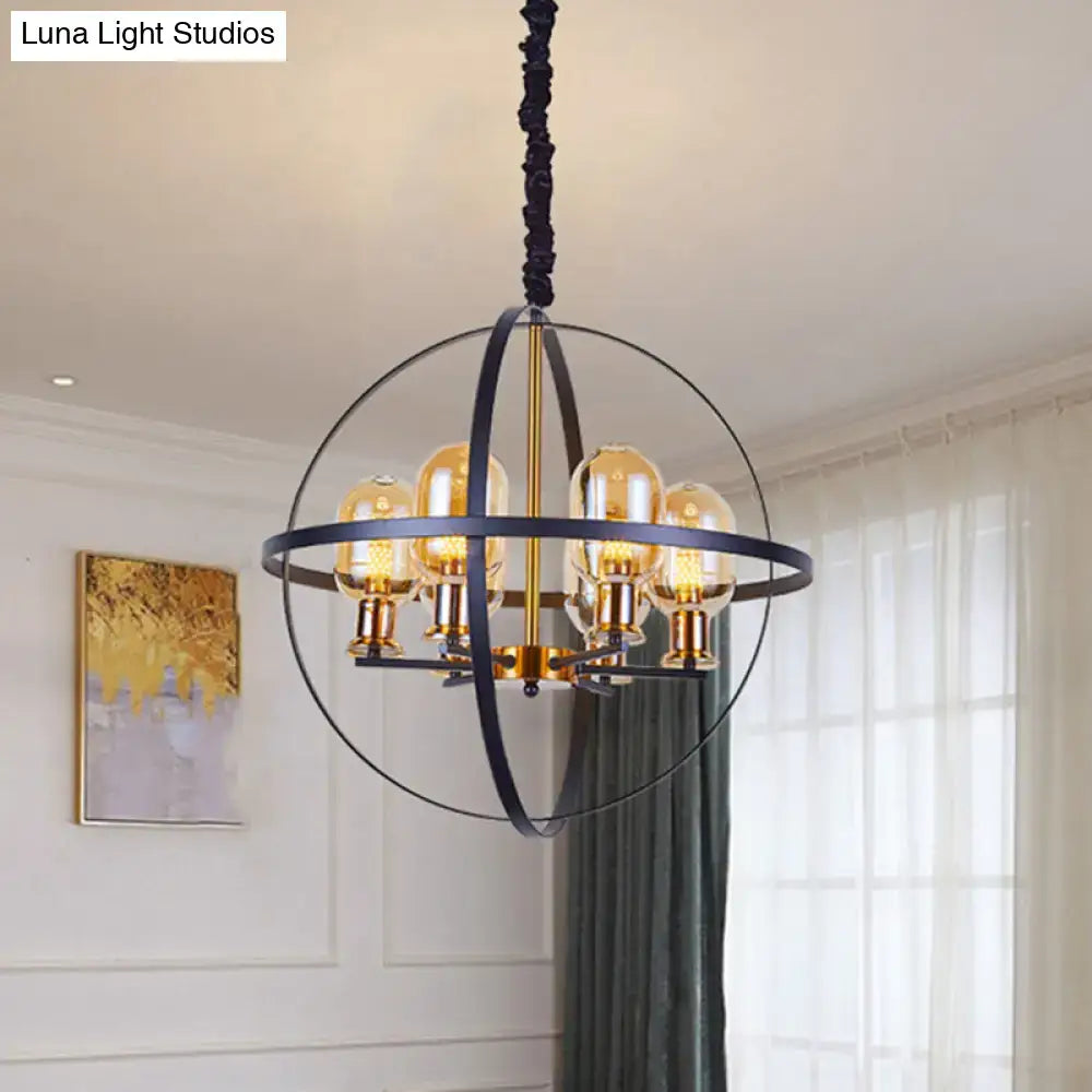 Decorbites contemporary amber glass pendant chandelier with black gold orb frame 4 6-light 220v-240v 110v-120v