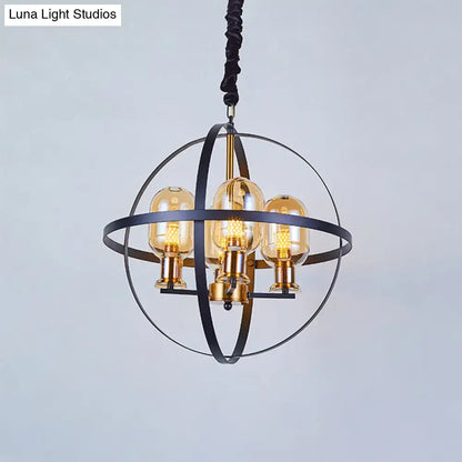 Industrial-style decorbites™ amber glass pendant chandelier with black metal orb frame and three bulbs 220v-240v 110v-120v