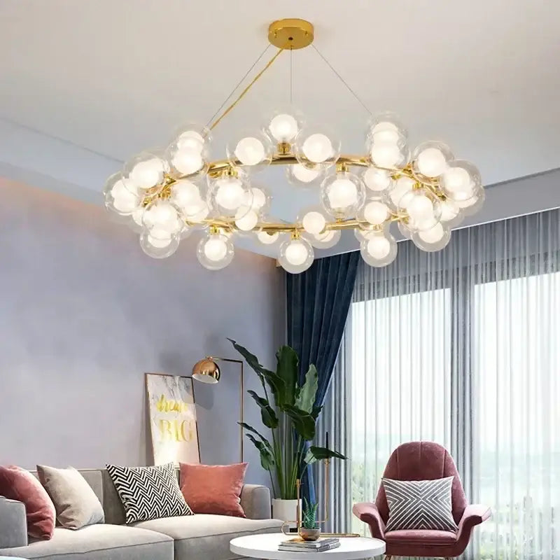 Decorbites™ contemporary black and gold chandelier with white glass ball bulbs in a modern branching design