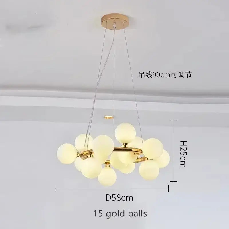 DecorBites™ contemporary black and gold chandelier with 15 frosted white glass balls in a spherical cluster