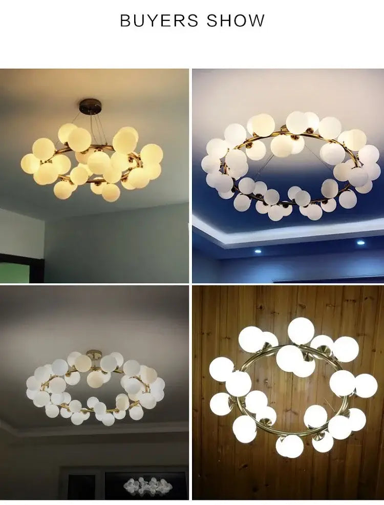 DecorBites contemporary black and gold chandelier with brass finish and frosted white glass ball bulbs in circular design
