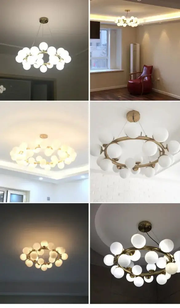 DecorBites™ contemporary black and gold chandelier with modern brass finish and white glass ball bulbs in circular cluster design