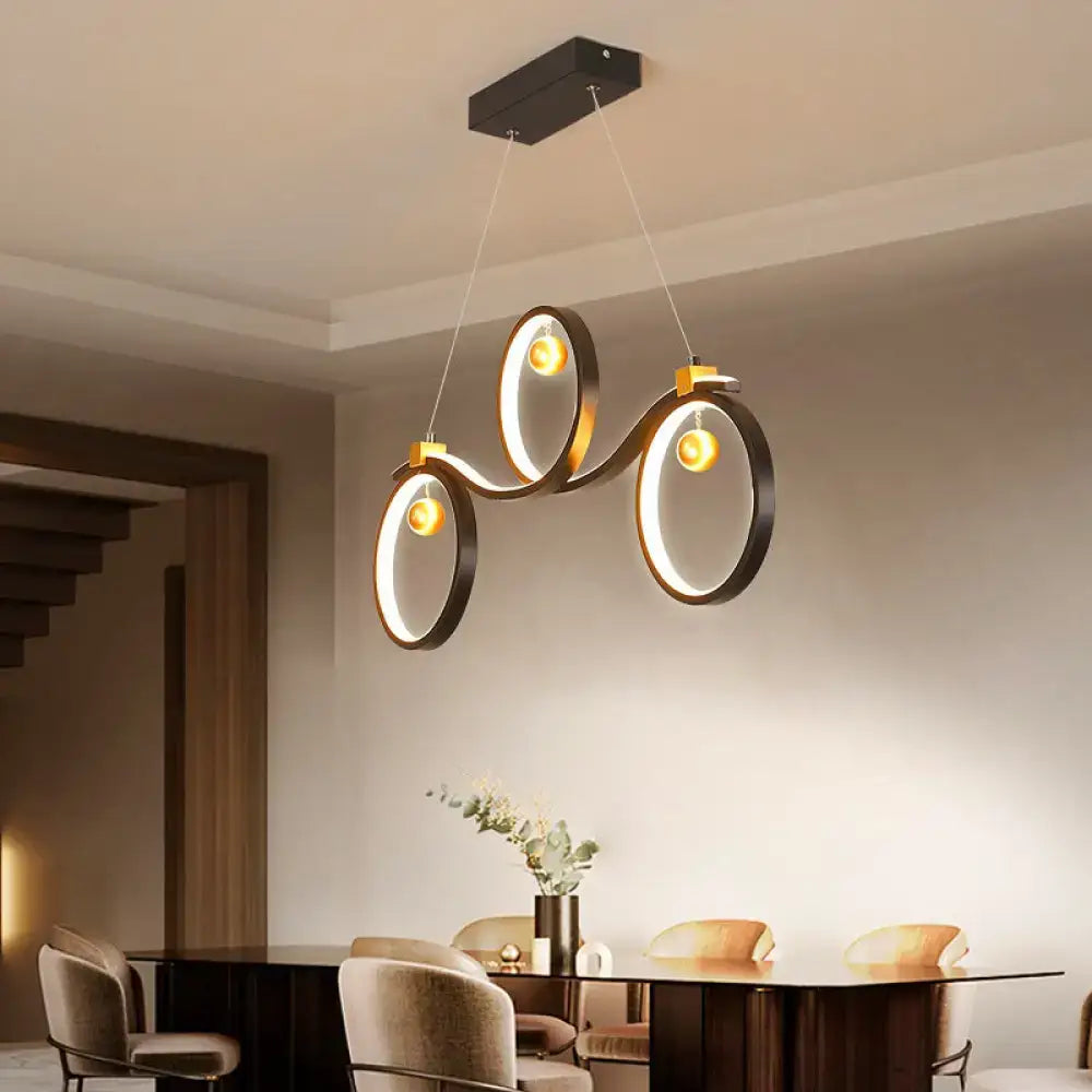DecorBites™ contemporary black metal LED pendant light with symmetrical rings island design and illuminated rings
