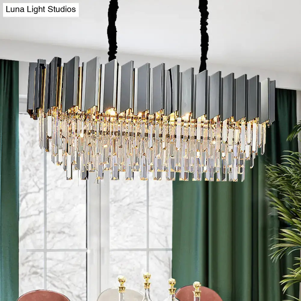 DecorBites contemporary black prismatic crystal oval island pendant light features black and gold panels for dining room
