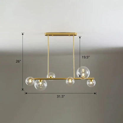 Gold-toned DecorBites™ contemporary ceiling light with five clear glass globes for dining room island lighting