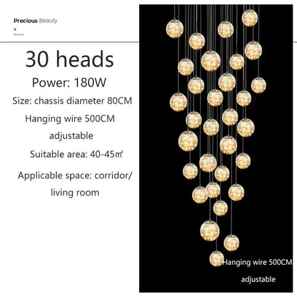 DecorBites™ warm-toned glass globe chandelier with 30 heads and adjustable wire perfect for modern spiral dining room