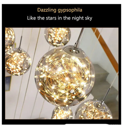 DecorBites™ contemporary crystal ball chandelier with golden fairy lights in clear glass sphere for modern spiral dining room