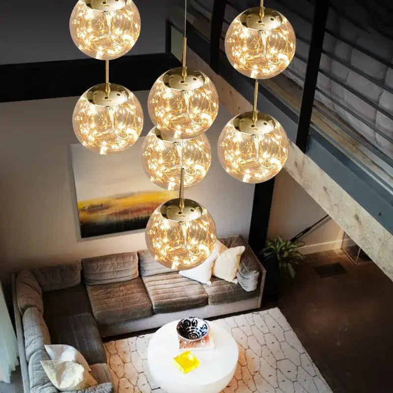 DecorBites™ contemporary crystal ball chandelier with gold-toned wireframe and warm fairy lights for modern spiral dining room
