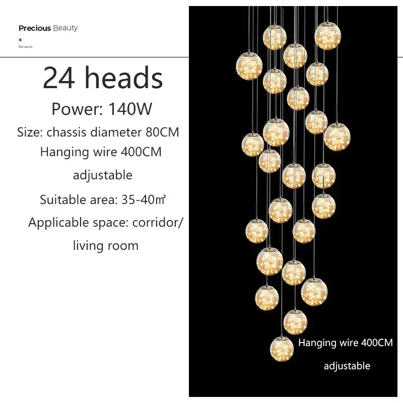 DecorBites™ contemporary crystal ball chandelier with 24 glass bulbs in a modern spiral for dining room lighting