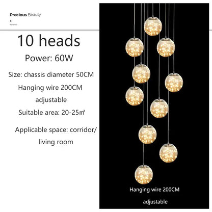 DecorBites contemporary crystal ball chandelier with ten warm glowing globes on adjustable black wires for dining room lighting