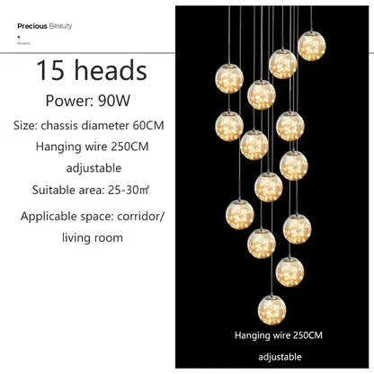 DecorBites contemporary crystal ball chandelier with 15 warm glowing bulbs on adjustable chrome wires for dining room modern spiral lighting