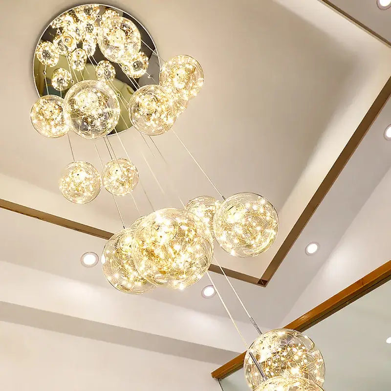 DecorBites™ contemporary crystal ball chandelier with golden filament glass orbs for modern spiral dining room lighting