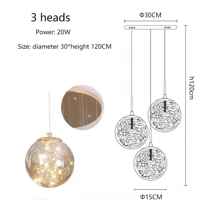 Modern spiral three-head pendant light with spherical crystal ball glass globes and warm LED lighting for dining room