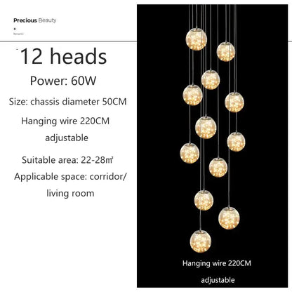 DecorBites™ modern spiral 12-head crystal ball chandelier with warm glass bulbs for dining room lighting suspended by chrome wires