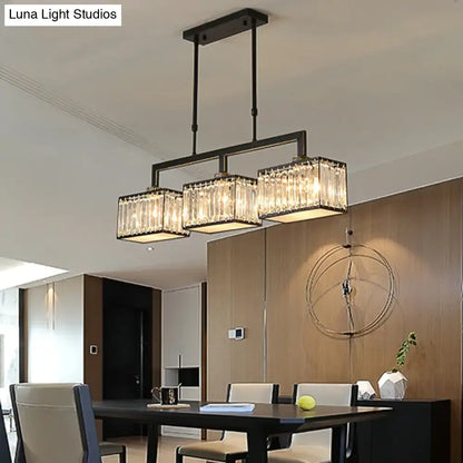 Decorbites™ contemporary black metal chandelier with three crystal-encrusted rectangular light fixtures for dining hall or island light fixture