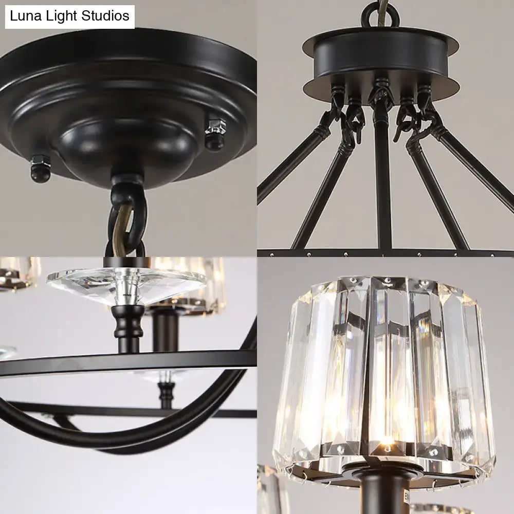 Black metal DecorBites™ contemporary crystal suspension with clear prisms and circular frame lights circle hanging fixture