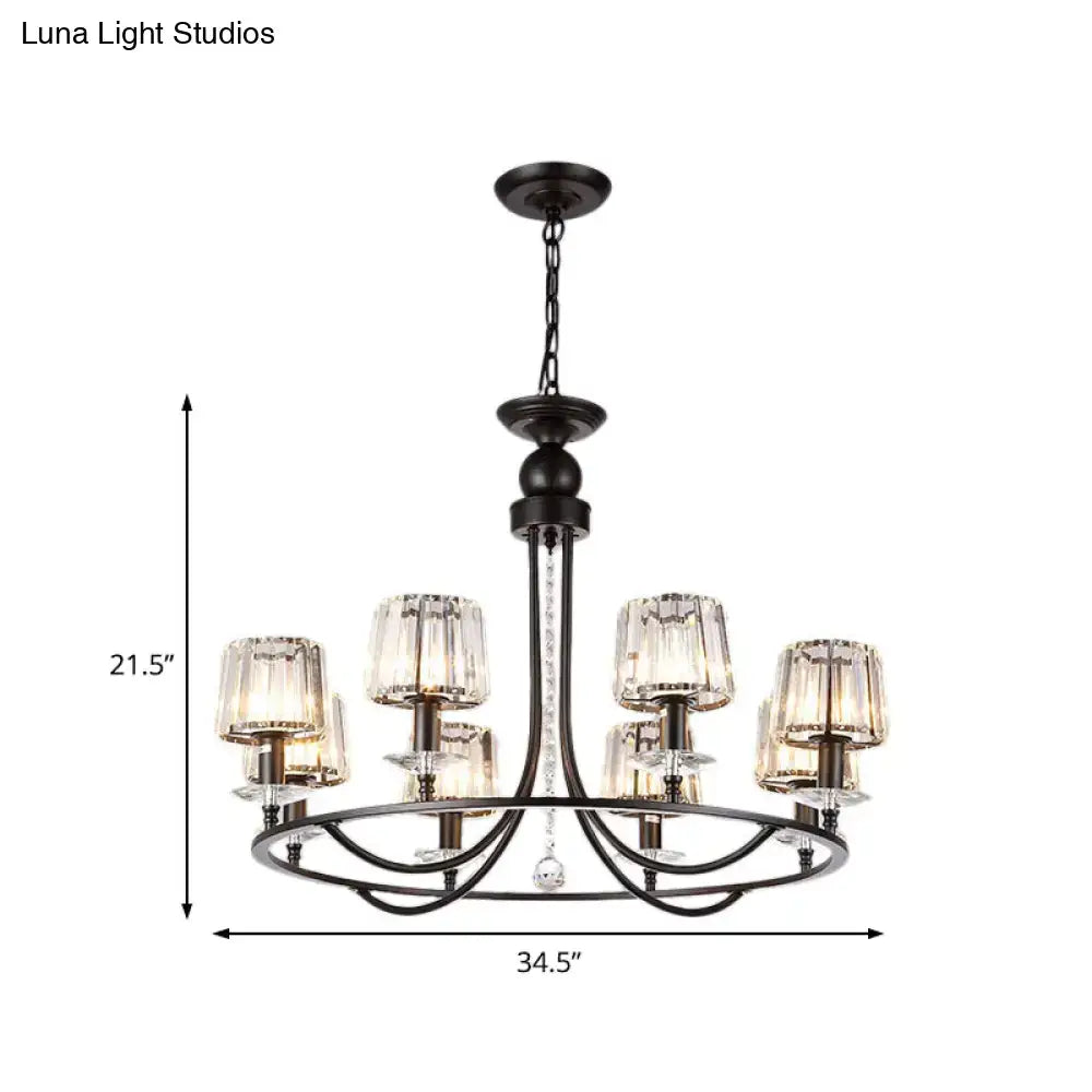 Black wrought iron decorbites™ contemporary crystal suspension chandelier with crystal glass shades and central dangling crystal