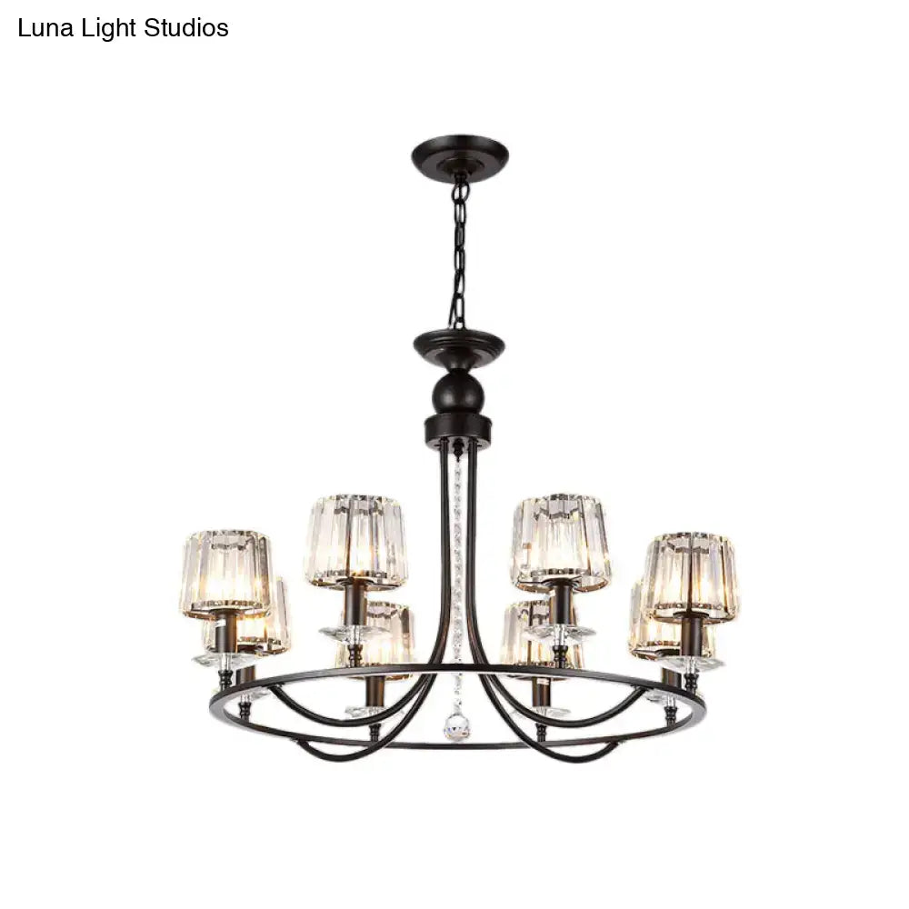 Black wrought iron DecorBites™ contemporary crystal suspension chandelier with crystal glass shades and dangling crystal centerpiece