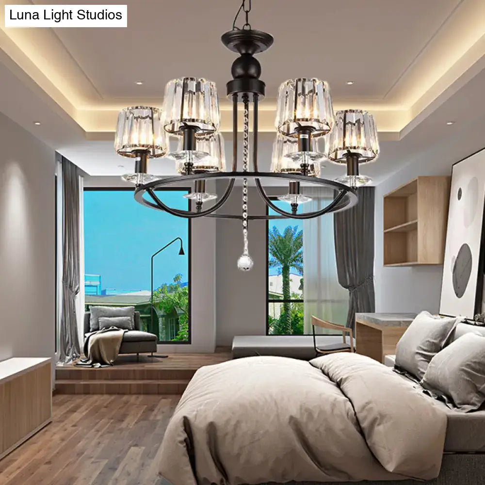 Black wrought iron DecorBites™ contemporary crystal chandelier with clear glass shades and lights circle hanging design