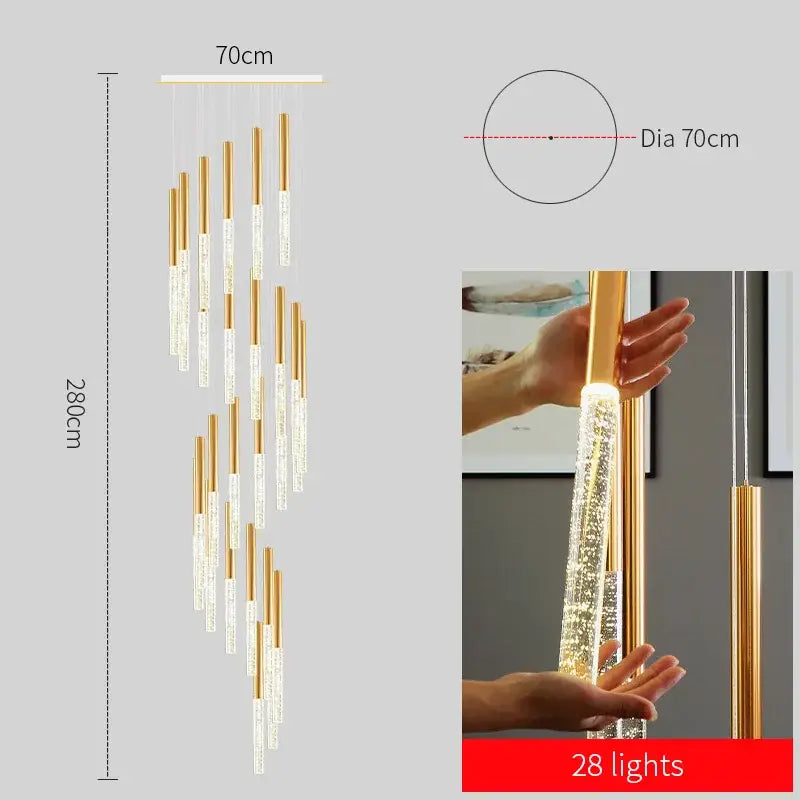 DecorBites™ contemporary crystal chandelier with gold metallic rods and clear glass tubes for large staircase lighting