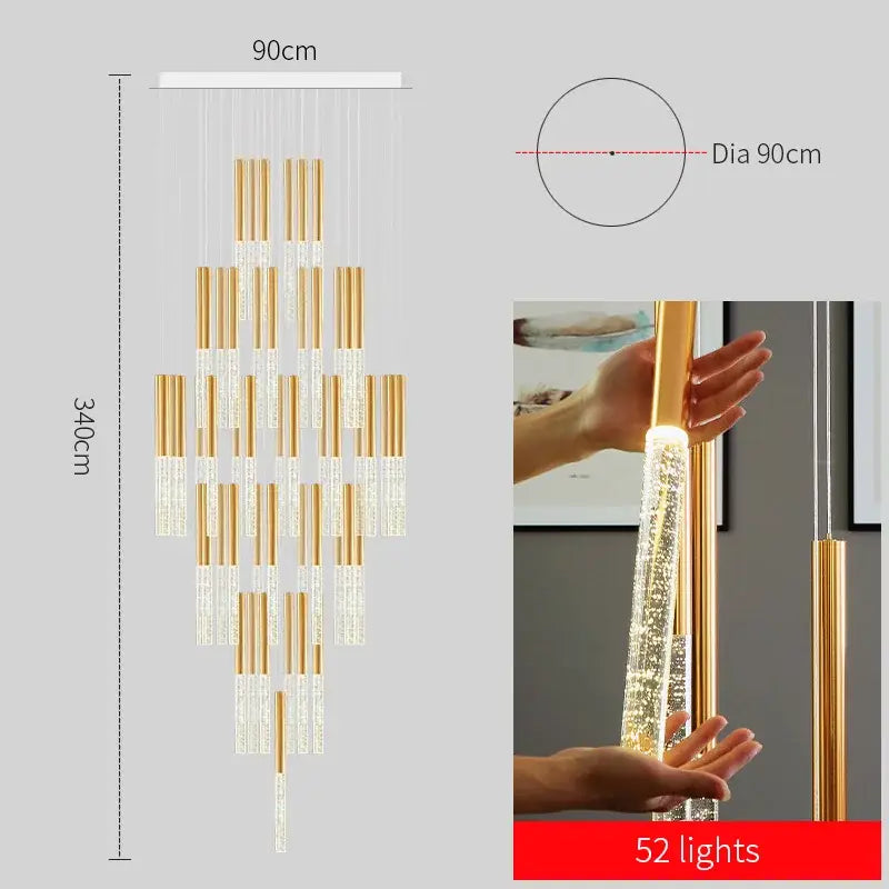 DecorBites™ contemporary crystal chandelier with gold-toned rods and 52 lights for large staircase, 340cm tall