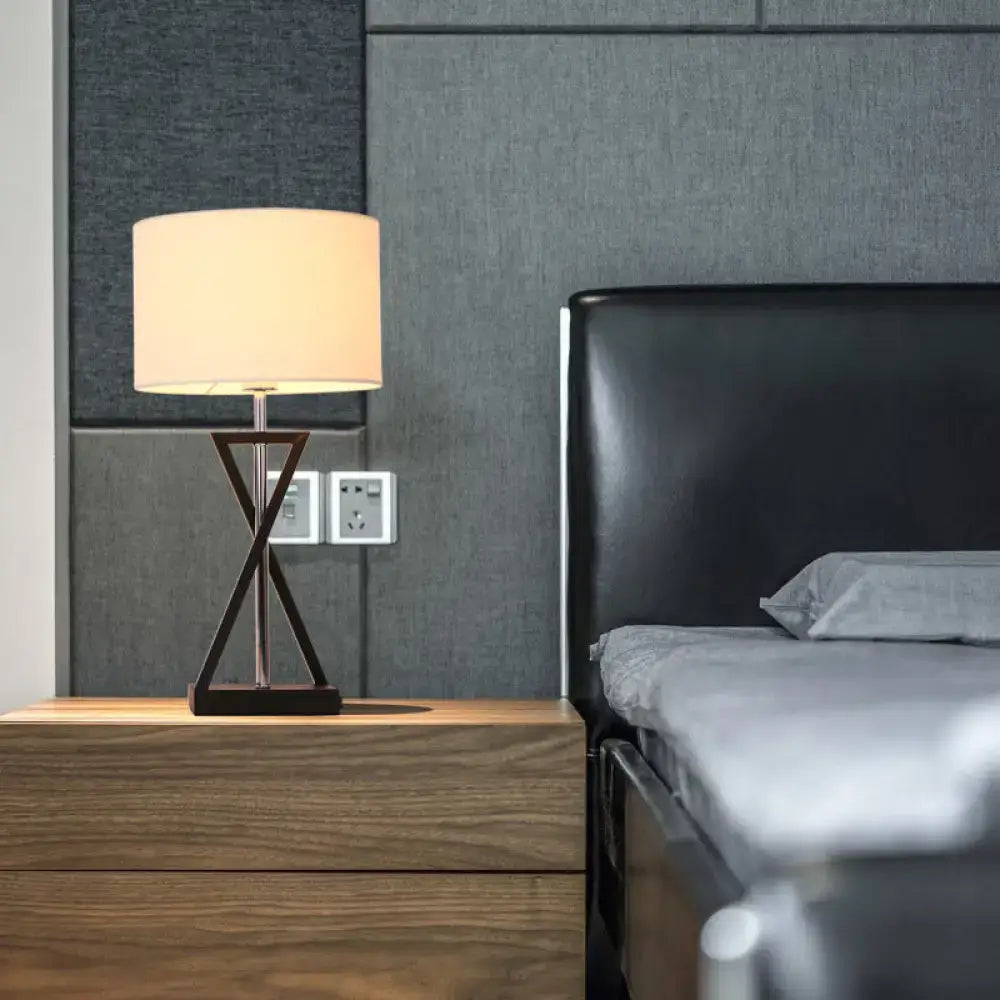 DecorBites™ modern hourglass table lamp with cream fabric shade and x-shaped metal base for bedside nightstand lighting 220v-240v