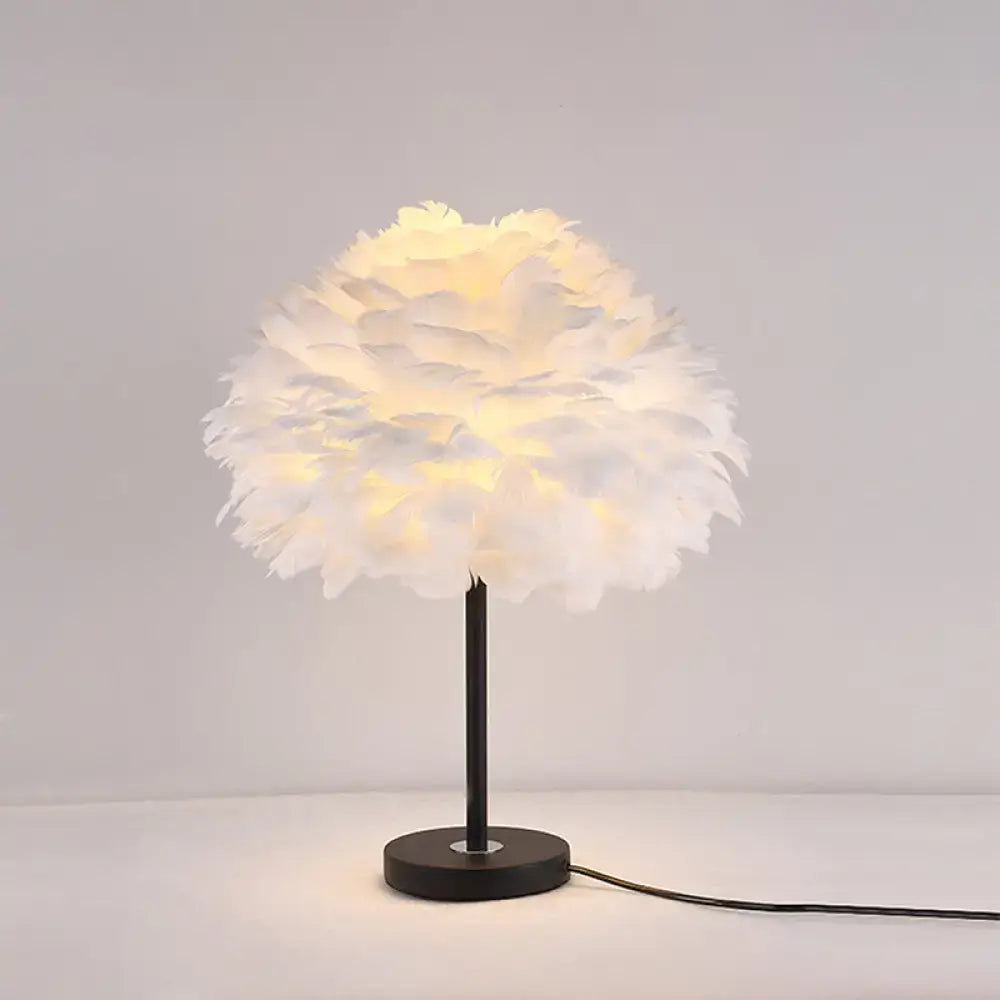 DecorBites™ contemporary feather flower table lamp with white feather shade and black base uses 220v-240v light bulb