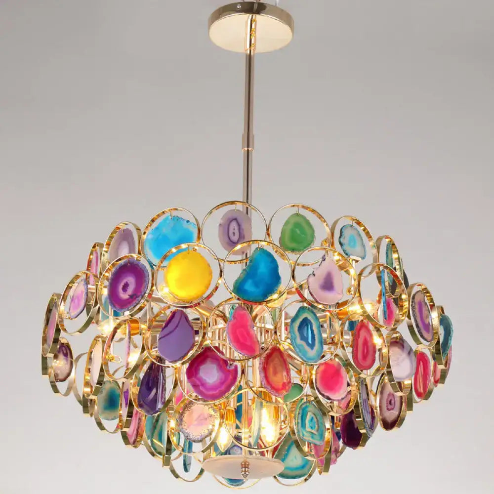 Decorbites™ contemporary firefly metal pendant light with vibrant agate slice and gold rings for living room island lighting with round canopy