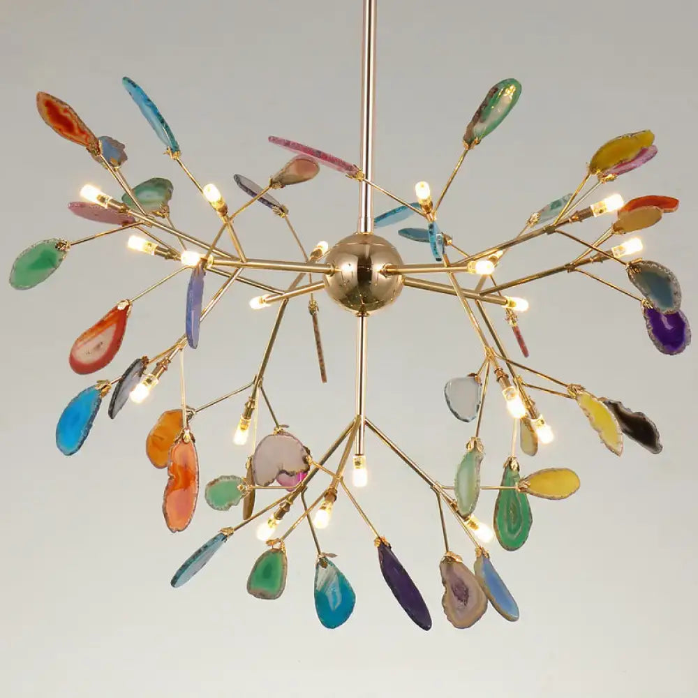 Decorbites™ contemporary firefly metal pendant light featuring a vibrant agate slice chandelier with round canopy for living room island lighting