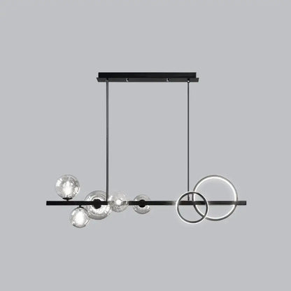 Decorbites modern black metal island lamp with clear glass spheres and glowing rings for dining room lighting